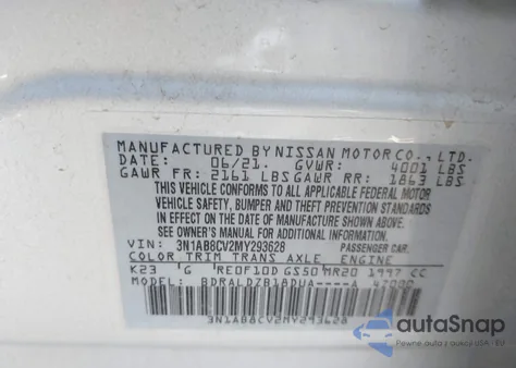 2021 Nissan Sentra Sv Xtronic Cvt из США, поврежденный, VIN 3N1AB8CV2MY293628